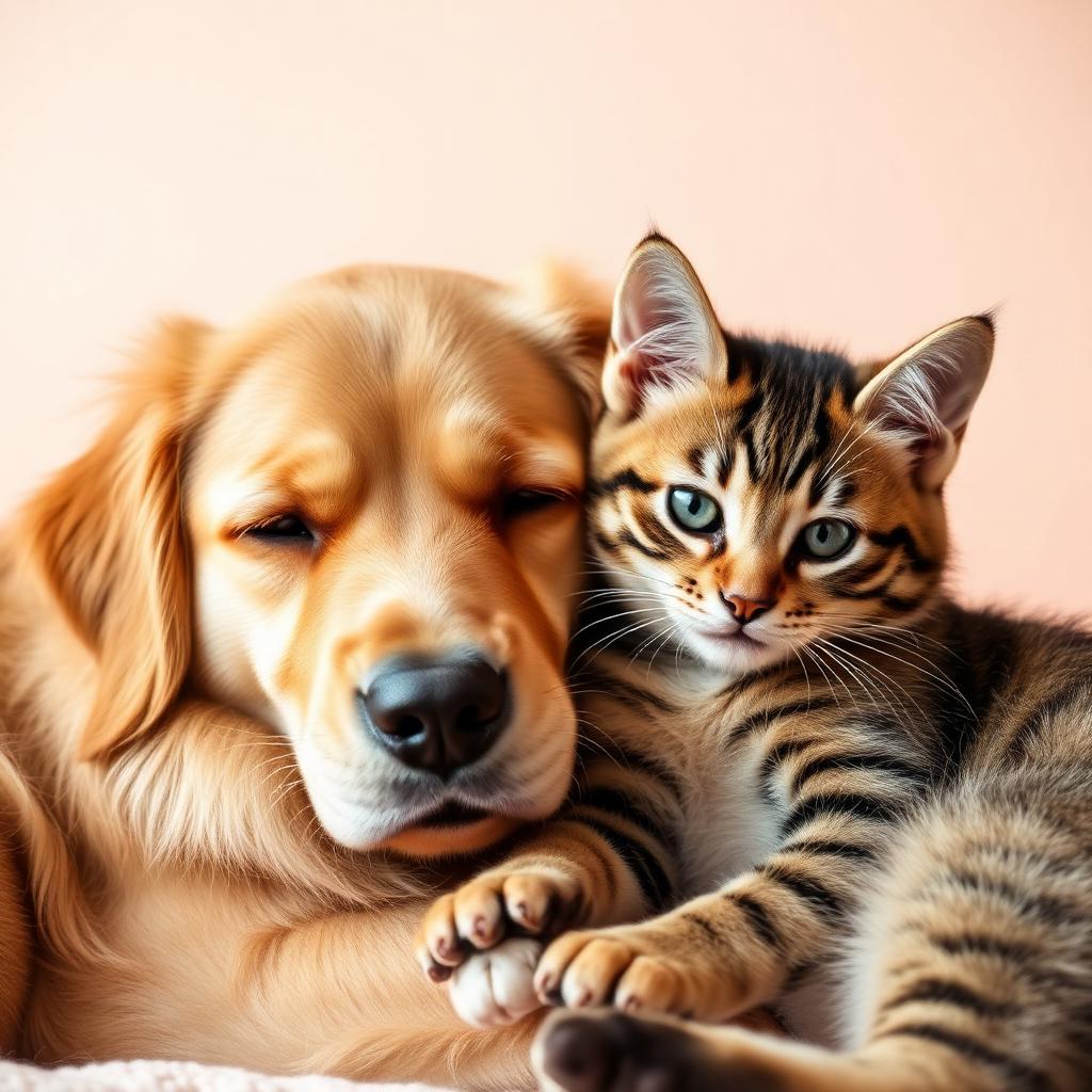 Golden retriever and cat cuddling